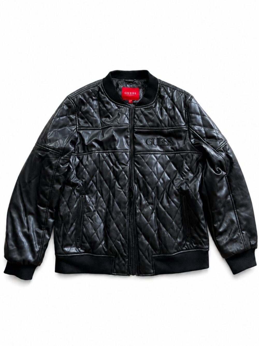 GUESS Men’s XL Black Quilted Faux Leather Bomber Jacket